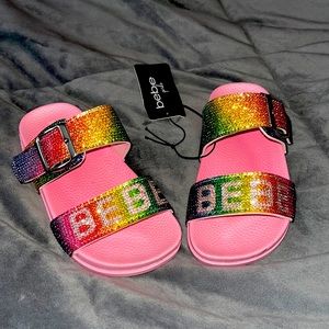 Bebe Girls Pink & Multicolor Rhinestone Buckle Logo Sandals Size 11/12